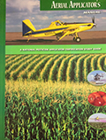 Cover for Aerial Applicators training manual. Yellow plane flying low over corn field.