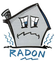 Radon text around animated house with radon gas on sides