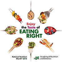 National Nutrition Month Logo with utensils with a variety of food on them