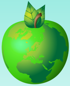 Animated apple with earth map on it in green.