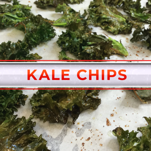 baked kale on parchment paper with the title "Kale Chips" over image in red text