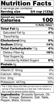 Roasted Brussels Sprouts with Balsamic Vinegar Nutrition Label