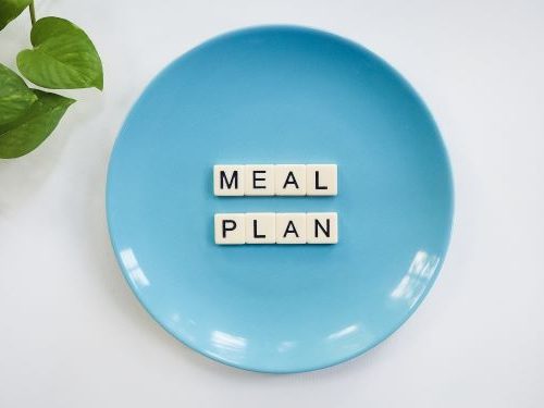 Blue plate with the words meal plan on top