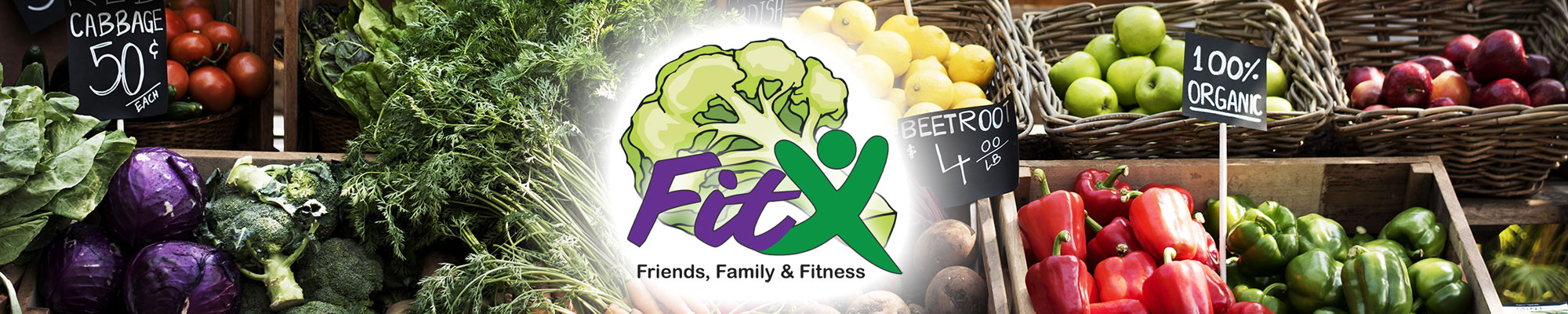 FitX logo above fruits and vegetables