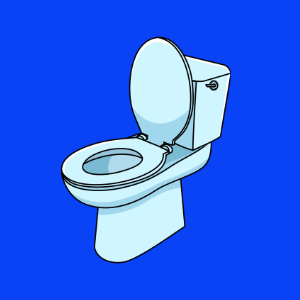 Illustration of a light blue toilet with the lid open, representing urinary health and hydration. Caption: Dark or infrequent urination can be a sign that you need to drink more water.