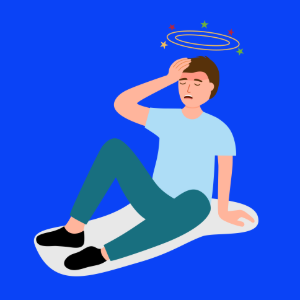 Illustration of a man sitting on the ground holding his head, with spinning stars above, showing dizziness.