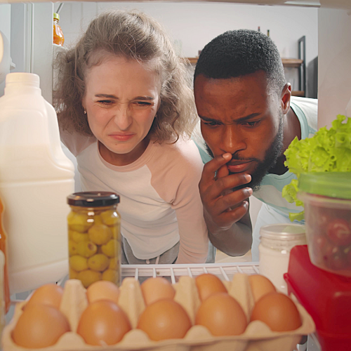 Two people looking into a refrigerator with concerned expressions while examining food items including eggs, milk, lettuce, and jars, illustrating uncertainty about food freshness and expiration dates.